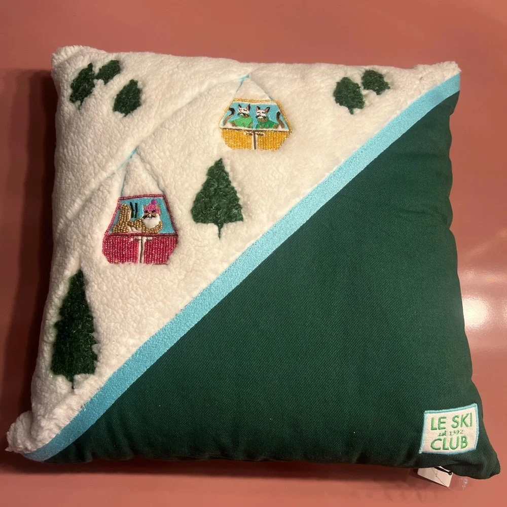 Anthropologie Festive Green and Cream Ski Club Pillow